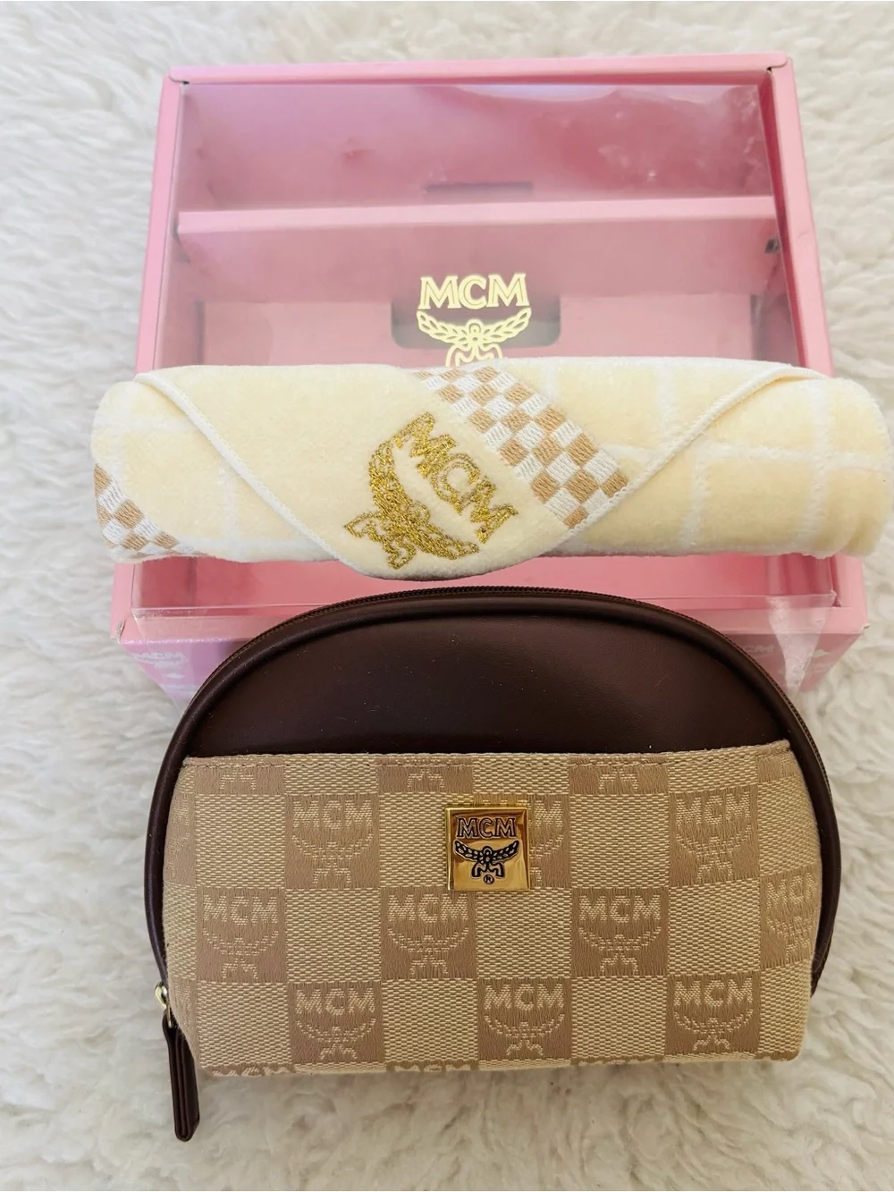 MCM Set of 2 Leather/Canvas Logo Cosmetic Pouch & Hand Towel Set